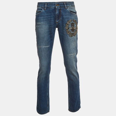 Pre-owned Dolce & Gabbana Blue Embroidered Denim Classic Jeans L Waist 36''