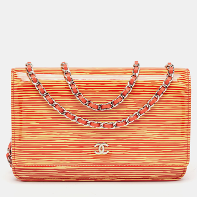 Pre-owned Chanel Orange/yellow Stripe Patent And Leather Cc Wallet On Chain