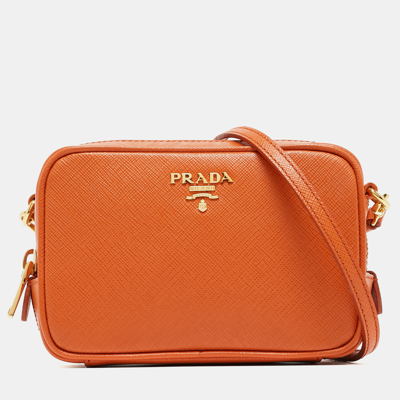 Pre-owned Prada Orange Saffiano Lux Leather Mini Top Zip Camera Bag