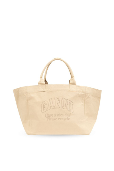 Ganni Shopper Bag With Logo In Beige