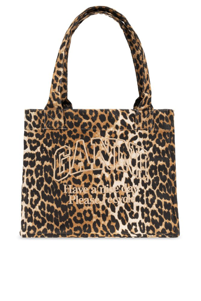 Ganni Shopper Bag With Logo In Brown