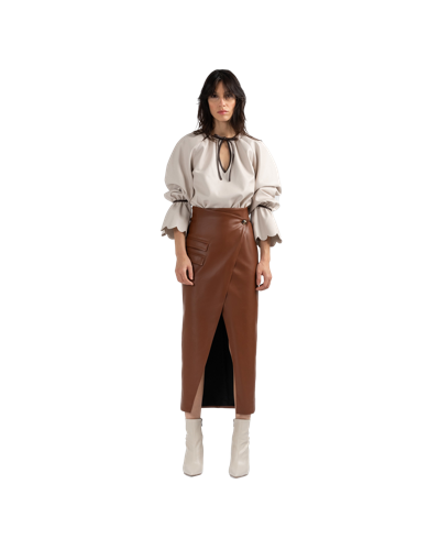 Divalo Zied Brown Vegan Leather Wrap Skirt In Burgundy