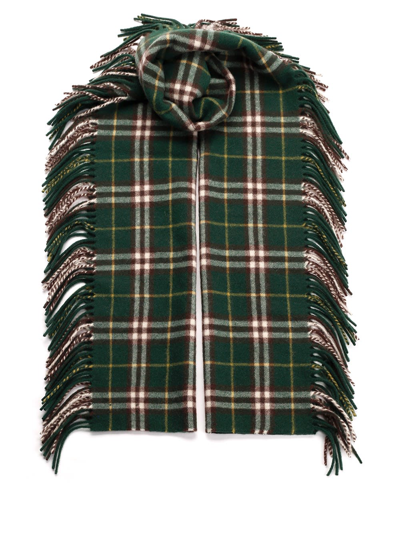 Burberry Checked Fringed Scarf In Ivy