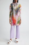 Issey Miyake Abstract Print Pleated Long Sleeve Dress In Turnip