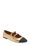 Jeffrey Campbell Satine Double Strap Metallic Mary Jane Flat In Gold/ Black Fabric