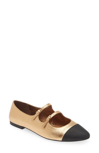 Jeffrey Campbell Satine Double Strap Metallic Mary Jane Flat In Gold/ Black Fabric