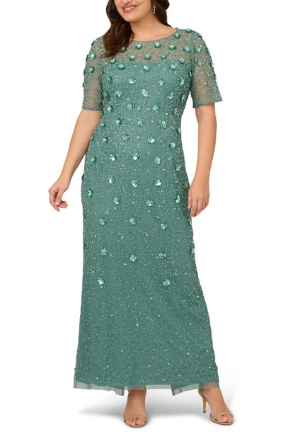 Adrianna Papell 3d Floral Beaded Evening Gown In Greenslate