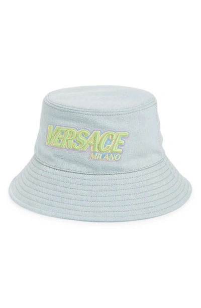 Versace Logo Denim Bucket Hat In Denim Multicolor