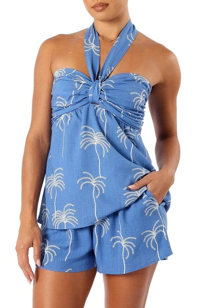 Petal And Pup Amira Halter Top In Blue Palm Print