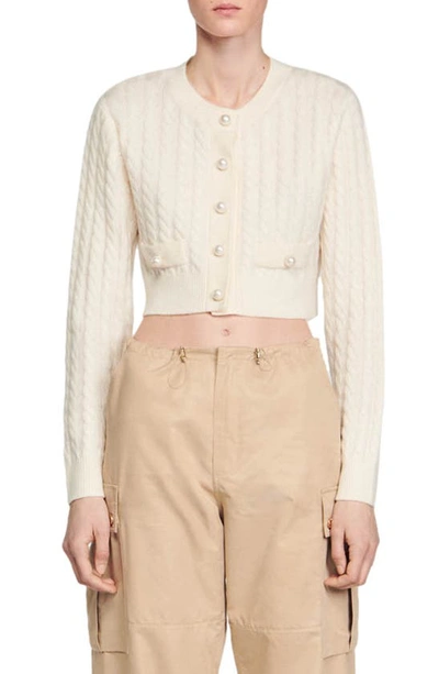 Sandro Elina Cable Knit Cropped Cardigan In Ecru