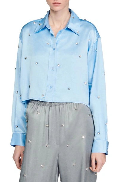 Sandro Womens Bleus Rhinestone-embellished Cropped Satin Shirt