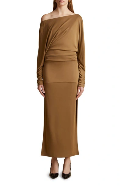 Khaite Junet Ruched Asymmetric Long Sleeve One-shoulder Dress In Toffee