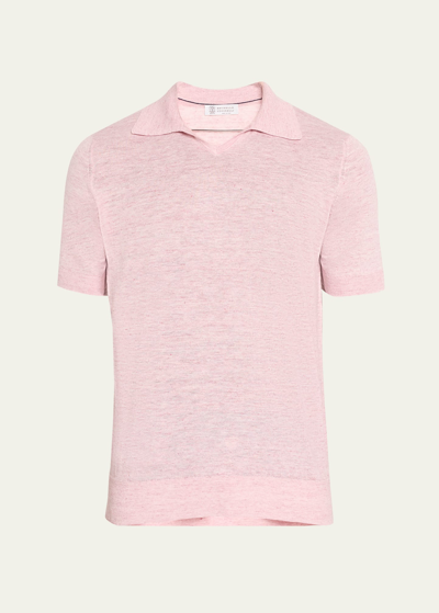 Brunello Cucinelli Men's Linen-cotton Short-sleeve Polo Sweater In C9701 Pale Pink