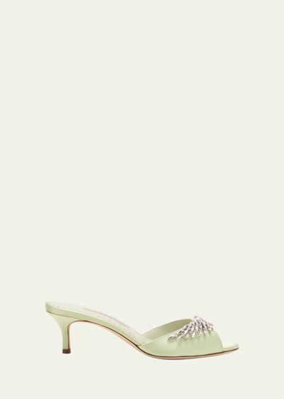 Manolo Blahnik Lumada Silk Crystal Mule Sandals In Lgrn3371