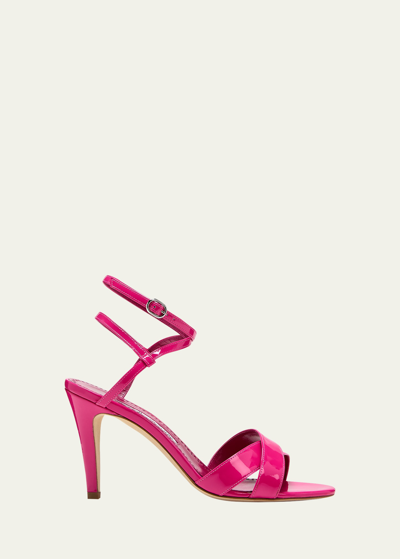 Manolo Blahnik Tormentas Patent Crisscross Ankle-strap Sandals In Bright Pink