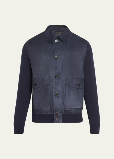 Fioroni Men's Suede Bomber Jacket With Knitted Sleeves In Tp26 Navy
