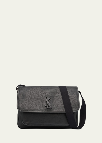 SAINT LAURENT MEN'S NIKI YSL MESSENGER BAG IN GRAINED LEATHER