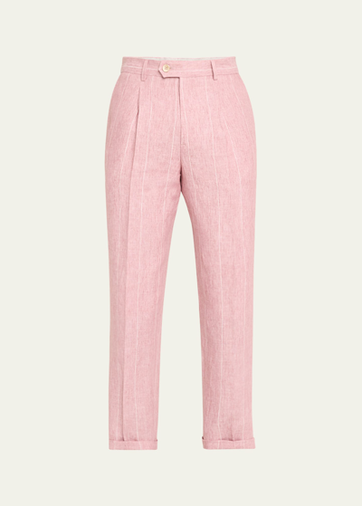 Brunello Cucinelli Men's Linen Pinstripe Pleated Trousers In Pink