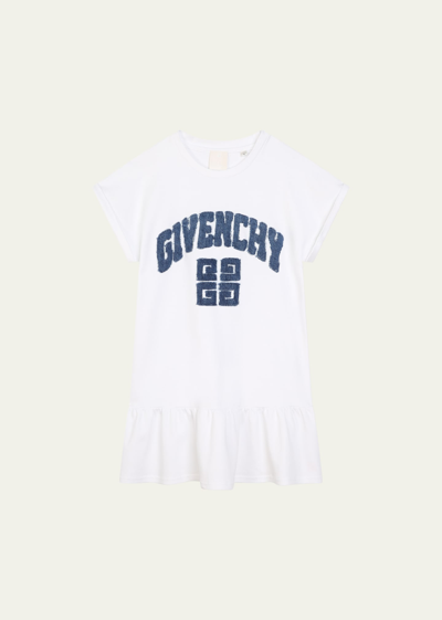 Givenchy Kids' Girl's Denim Logo Applique Short-sleeve Dress In White
