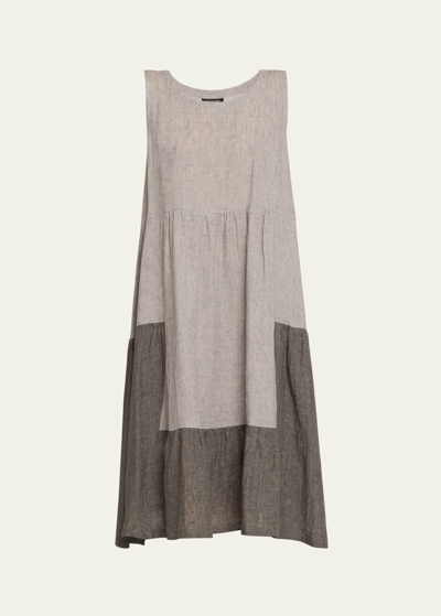 ESKANDAR TWO-TONE TIERED PLEATED SLEEVELESS DRESS