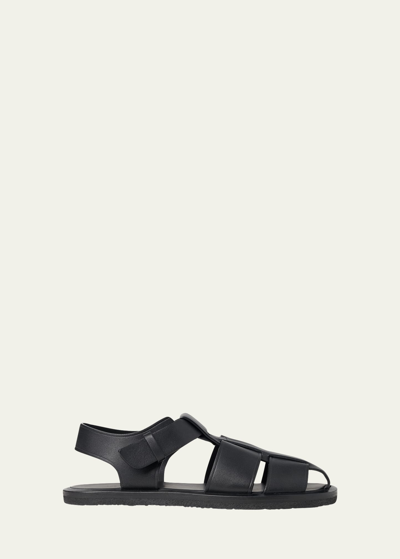 The Row Calfskin Flat Fisherman Sandals In Black