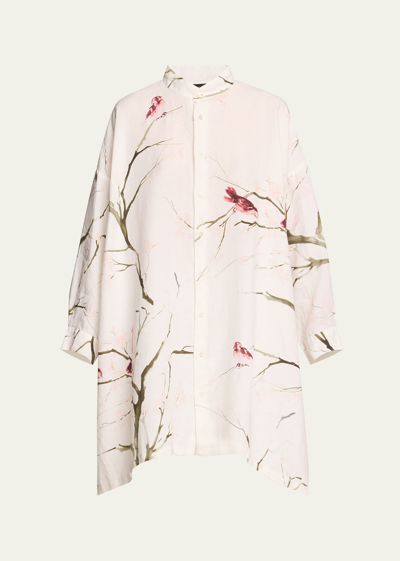 Eskandar Wide A-line Collarless Shirt With Slits (very Long) In Plumblossom