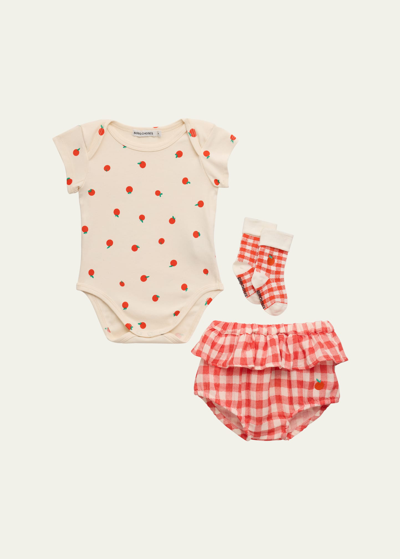 Bobo Choses Kid's Tomato Bodysuit And Vichy Bloomers Set In Offwhite