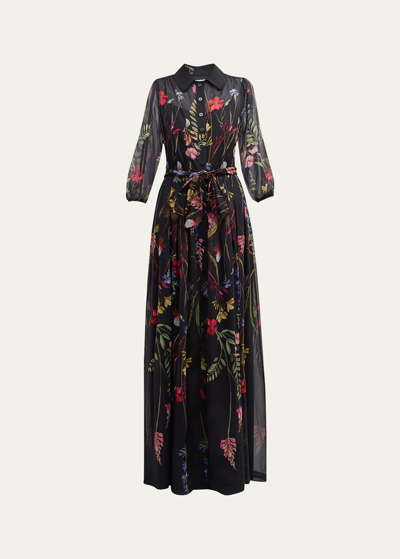 Rickie Freeman For Teri Jon Blouson-sleeve Floral-print Chiffon Shirt Gown In Black Mult