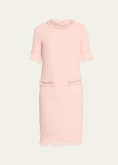 Rickie Freeman For Teri Jon Beaded Fringe-trim Boucle Midi Dress In Blush Pink