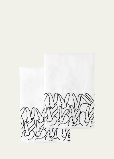 Hunt Slonem Rabbit Run Embroidered Linen Guest Towels In White &amp; Black