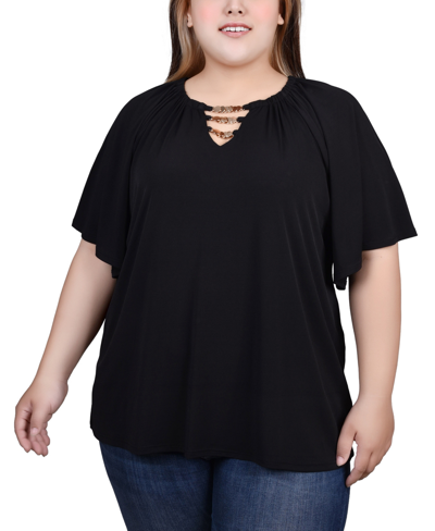 Ny Collection Plus Size Raglan Sleeve Top With Chain Details In Black