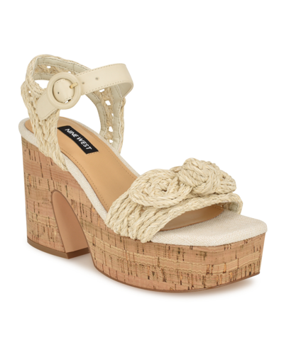 Nine West Women's Comiele Square Toe Block Heel Wedge Sandals In Ivory