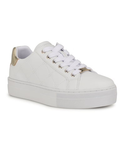 Nine West Women's Gatspy Round Toe Lace-up Casual Sneakers In White,gold