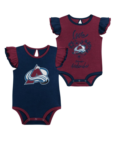 OUTERSTUFF BABY GIRLS BURGUNDY, NAVY COLORADO AVALANCHE TWO-PACK TRAINING BODYSUIT SET