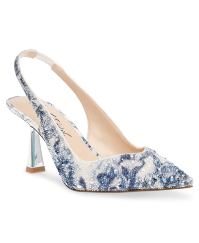 Betsey Johnson Sb-patch Blue Floral Embroidered Satin Pointed-toe Pumps