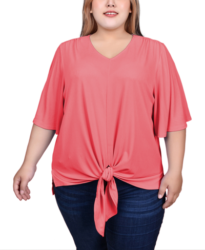 Ny Collection Plus Size Elbow Sleeve Tie-front Top In Sugar Coral