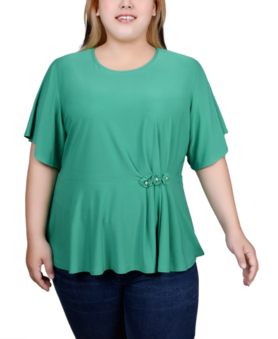 Ny Collection Plus Size Flutter Sleeve Flower-detail Top In Simply Green