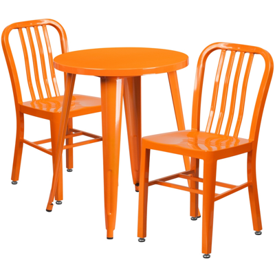 FLASH FURNITURE 24'' ROUND ORANGE METAL INDOOR-OUTDOOR TABLE SET WITH 2 VERTICAL SLAT BACK CHAIRS