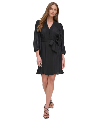 Dkny Women's Long-sleeve Tie-waist Pleated Dress In Black