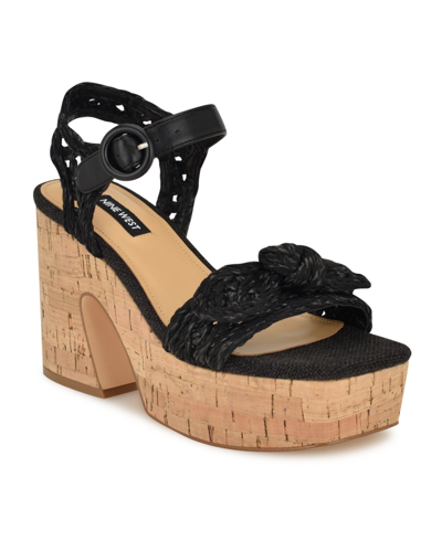 Nine West Women's Comiele Square Toe Block Heel Wedge Sandals In Black