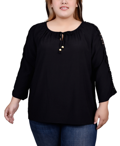 Ny Collection Plus Size 3/4 Sleeve Crochet Detail Blouse In Black