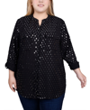 NY COLLECTION PLUS SIZE LONG ROLL TAB SLEEVE FOIL DOT BLOUSE