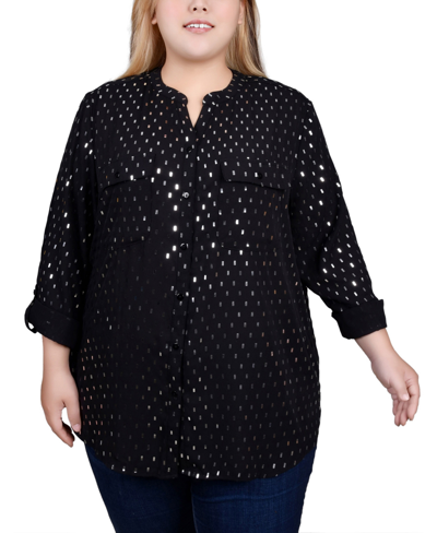 Ny Collection Plus Size Long Roll Tab Sleeve Foil Dot Blouse In Black Silver