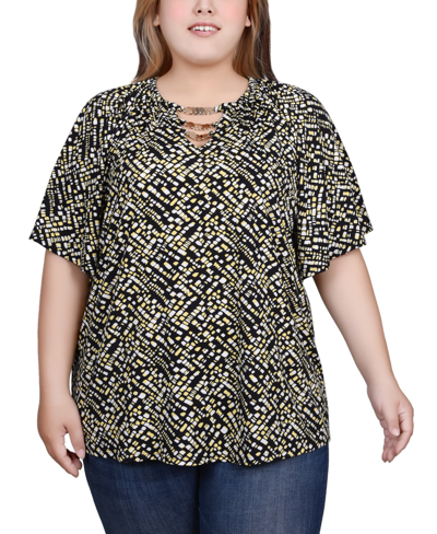 Ny Collection Plus Size Raglan Sleeve Top With Chain Details In Black Samoan Sun Abstract