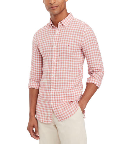 Tommy Hilfiger Men's Slim-fit Gingham Check Button-down Linen Shirt In Teaberry Blossom/optic White