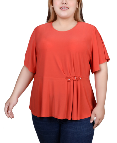 Ny Collection Plus Size Flutter Sleeve Flower-detail Top In Paprika
