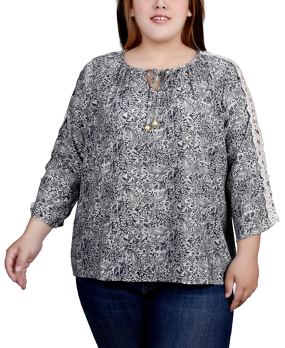 Ny Collection Plus Size 3/4 Sleeve Crochet Detail Blouse In Navy Ivory Paisley