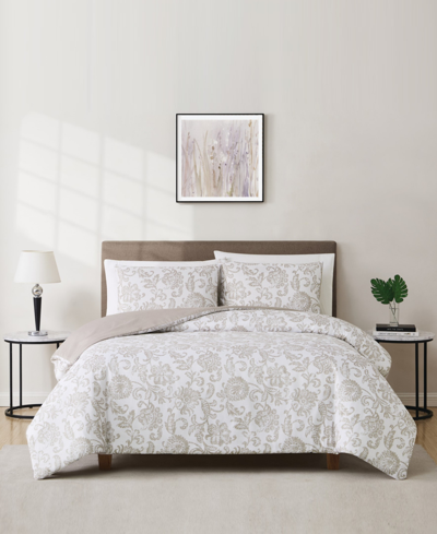 Cannon Sylvana Jacobean 3 Piece Duvet Cover Set, Full/queen In White,taupe