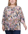 NY COLLECTION PLUS SIZE 3/4 SLEEVE DRAWSTRING NECK BLOUSE
