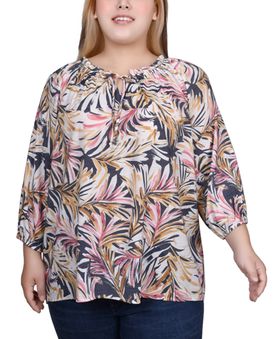 Ny Collection Plus Size 3/4 Sleeve Drawstring Neck Blouse In Blue Multi